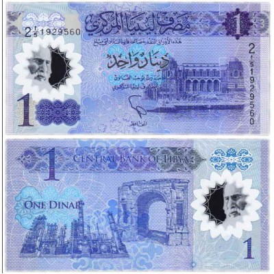 Полимерная банкнота 1 динар 2019 года.  Ливия. Из банковской пачки (UNC)