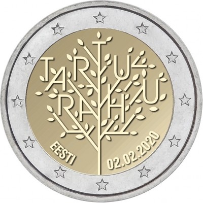 100-летие Тартуского мирного договора между РСФСР и Эстонией. Монета 2 евро 2020 года.  Эстония (UNC)