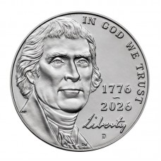 Монета 5 центов США 2026 года, серия 250 лет Независимости США. Двор D. Из банковского мешка Монета 5 центов США 2026 года, серия 250 лет Независимости США. Двор D. Из банковского мешка