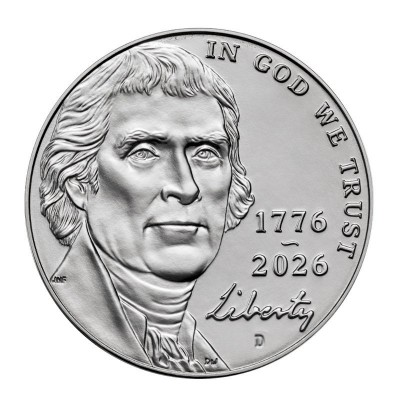 Монета 5 центов США 2026 года, серия 250 лет Независимости США. Двор D.  Из банковского мешка