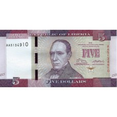 Банкнота 5 долларов 2016 год. Либерия UNC