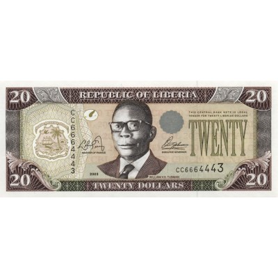 Банкнота 20 долларов 2003 год. Либерия "Уильям Табмен. Местный базар" UNC