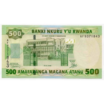 Банкнота 500 франков 2008 года  Руанда. Из банковской пачки