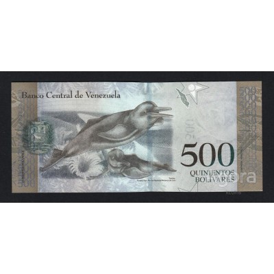 Банкнота 500 боливар 2017 год. Венесуэла. «Амазонский дельфин»  UNC