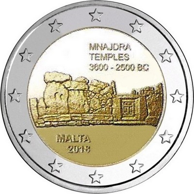 Изображение мальтийских доисторических комплексов - Мнайдра. 2 евро 2018 года.  Мальта (UNC)