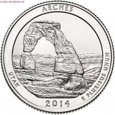 Национальный парк Арки. 25 центов 2014 года США.  №23 (монетный двор Сан-Франциско)