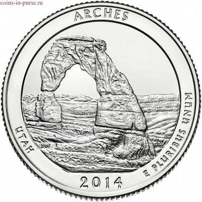 Национальный парк Арки. 25 центов 2014 года США.  №23 (монетный двор Сан-Франциско)