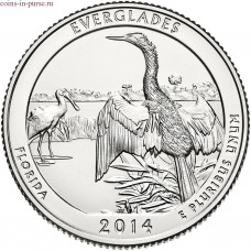 Национальный парк Эверглейдс. 25 центов 2014 года США.  №25 (монетный двор Сан-Франциско)
