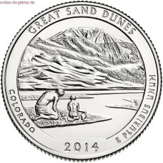Национальный парк Грейт-Санд-Дьюнс. 25 центов 2014 года США.  №24 (монетный двор Сан-Франциско)