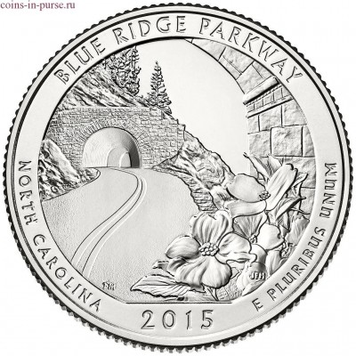 Автомагистраль Блу-Ридж. 25 центов 2015 года США.  №28 (монетный двор Сан-Франциско)